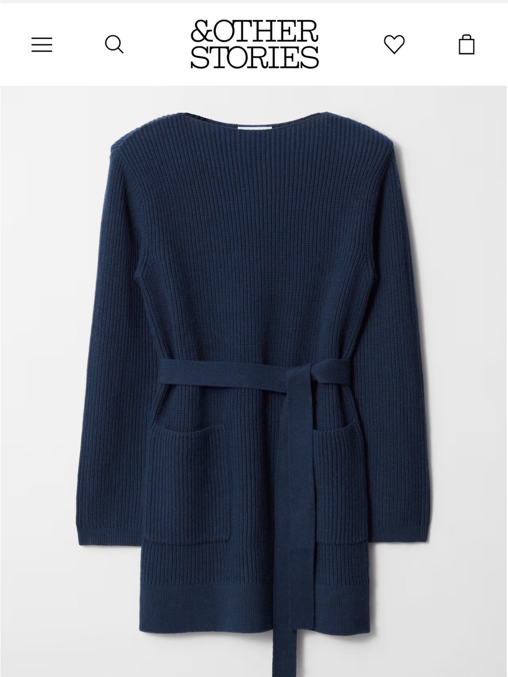 & Other Stories Navy Ribbed Belted Long Cardigan